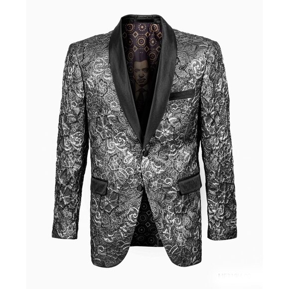Empire™ Metallic Silver Floral Brocade Shawl Lapel Hybrid Fit Blazer, Silver - Picture 2 of 5